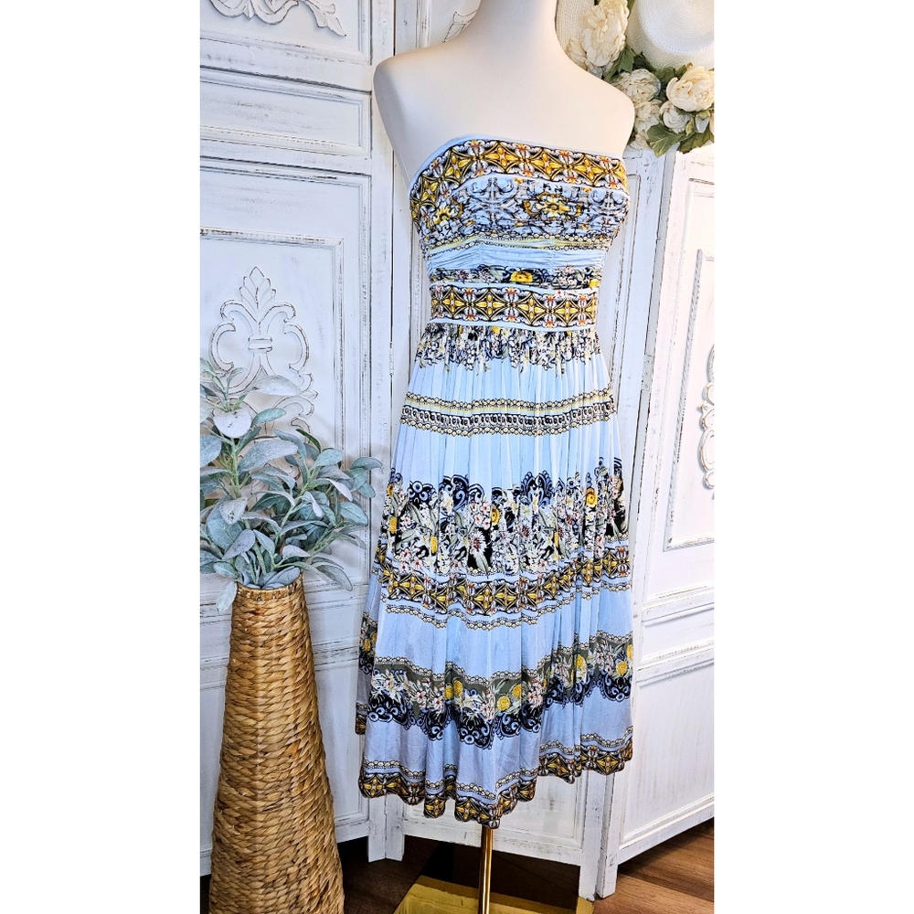 White House Black Market Blue & Yellow Tile Floral Knit Strapless Midi Dress